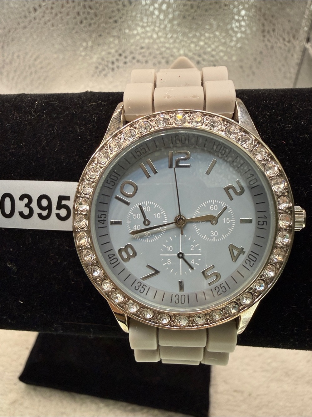 Darice Silver Crystal Bezel Watch with Pale Blue Dial and Gray Strap